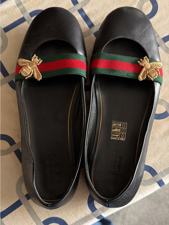 Gucci Shoes - Gucci Black Leather Flats with Green & Red Stripe and Gold Bee Accent